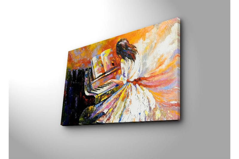 Canvastavla med LED-belysning 45x70 cm - Kvinna i vit klänning som spelar piano med färgstarka, abstrakta bakgrunder - Orange / Vit / Svart - Inredning - Tavlor & konst - Canvastavlor