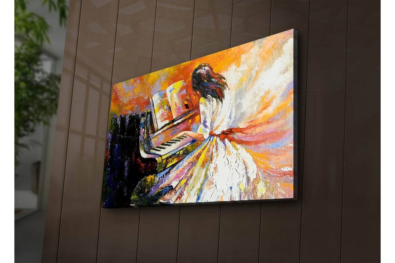 Canvastavla med LED-belysning 45x70 cm - Kvinna i vit klänning som spelar piano med färgstarka, abstrakta bakgrunder - Orange / Vit / Svart - Inredning - Tavlor & konst - Canvastavlor