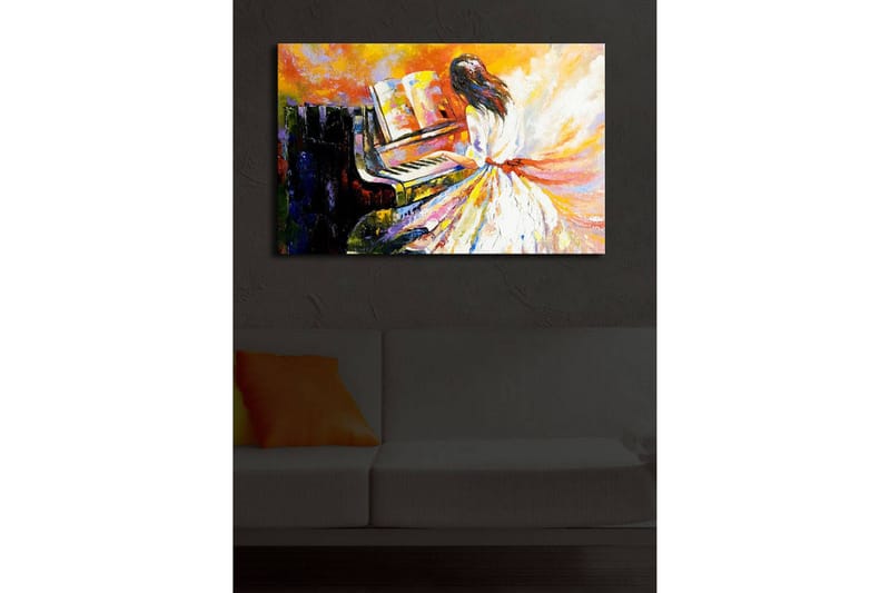 Canvastavla med LED-belysning 45x70 cm - Kvinna i vit klänning som spelar piano med färgstarka, abstrakta bakgrunder - Orange / Vit / Svart - Inredning - Tavlor & konst - Canvastavlor