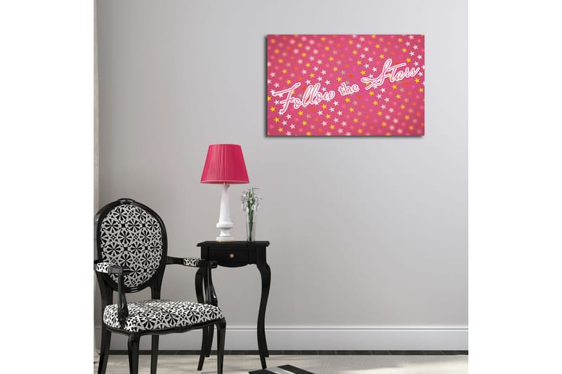 Canvastavla med LED-belysning 45x70 cm - Lekfull komposition med stjärnor och texten Follow the Stars - Rosa / Gul / Vit - Inredning - Tavlor & konst - Canvastavlor
