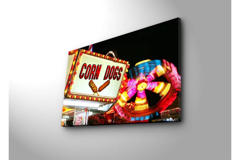 Canvastavla med LED-belysning 45x70 cm - Ljus och färgglad skylt med texten CORN DOGS och en snurrande karusell i bakgrunden - Röd / Gul / Blå - Inredning - Tavlor & konst - Canvastavlor