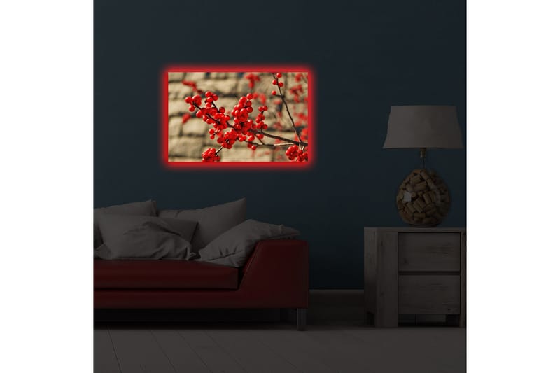 Canvastavla med LED-belysning 45x70 cm - Röd bärklase på en gren - Röd / Brun / Beige - Inredning - Tavlor & konst - Canvastavlor