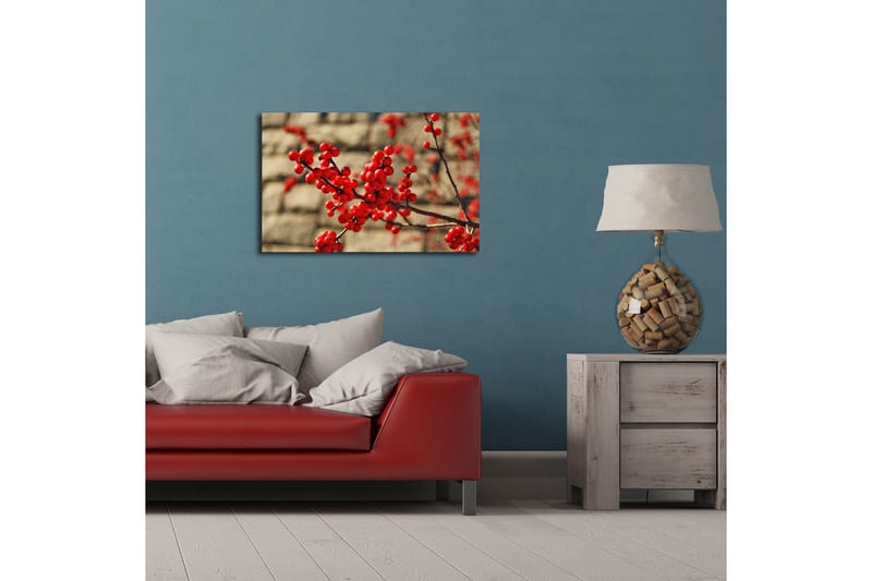 Canvastavla med LED-belysning 45x70 cm - Röd bärklase på en gren - Röd / Brun / Beige - Inredning - Tavlor & konst - Canvastavlor