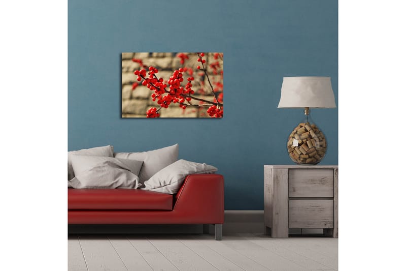 Canvastavla med LED-belysning 45x70 cm - Röd bärklase på en gren - Röd / Brun / Beige - Inredning - Tavlor & konst - Canvastavlor