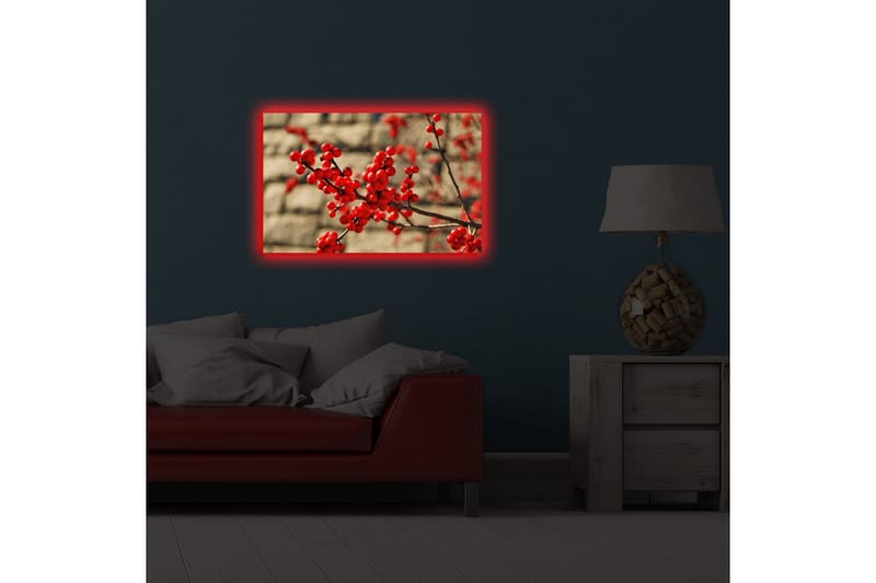 Canvastavla med LED-belysning 45x70 cm - Röd bärklase på en gren - Röd / Brun / Beige - Inredning - Tavlor & konst - Canvastavlor