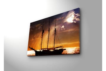 Canvastavla med LED-belysning 45x70 cm - Segelbåt mot en solnedgång över havet - Orange / Svart / Guld - Inredning - Tavlor & konst - Canvastavlor
