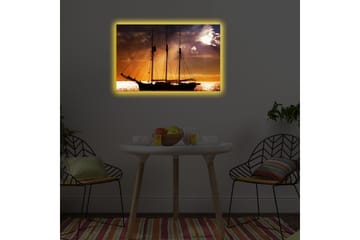 Canvastavla med LED-belysning 45x70 cm - Segelbåt mot en solnedgång över havet - Orange / Svart / Guld - Inredning - Tavlor & konst - Canvastavlor