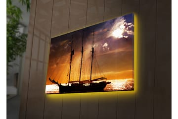 Canvastavla med LED-belysning 45x70 cm - Segelbåt mot en solnedgång över havet - Orange / Svart / Guld - Inredning - Tavlor & konst - Canvastavlor