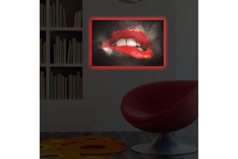 Canvastavla med LED-belysning 45x70 cm - Sensuella läppar i röd färg med en dramatisk kontrast mot en mörk bakgrund - Röd / Svart - Inredning - Tavlor & konst - Canvastavlor
