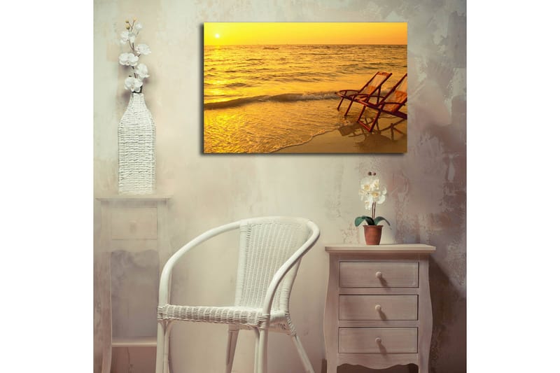 Canvastavla med LED-belysning 45x70 cm - Solnedgång över havet med två strandstolar i förgrunden - Guld / Orange / Brunt - Inredning - Tavlor & konst - Canvastavlor
