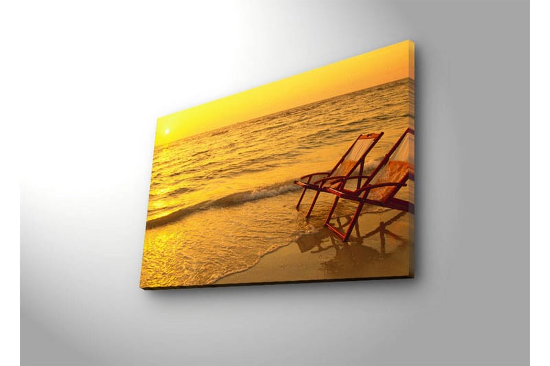 Canvastavla med LED-belysning 45x70 cm - Solnedgång över havet med två strandstolar i förgrunden - Guld / Orange / Brunt - Inredning - Tavlor & konst - Canvastavlor