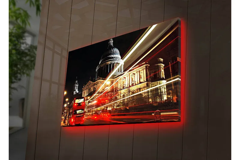 Canvastavla med LED-belysning 45x70 cm - Stadssilhuett med St. Pauls katedral i nattbelysning - Röd / Guld / Svart - Inredning - Tavlor & konst - Canvastavlor