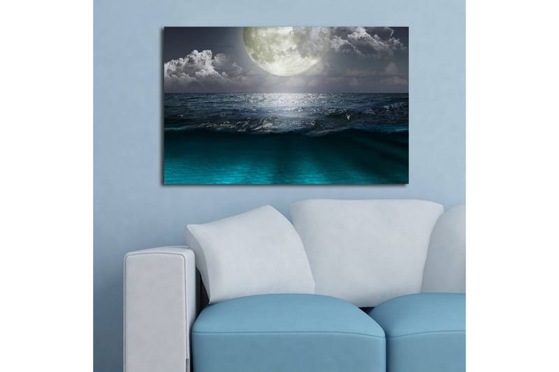 Canvastavla med LED-belysning 45x70 cm - Storslagen måne över ett stormigt hav - Mörkblå / Turkos / Grå - Inredning - Tavlor & konst - Canvastavlor