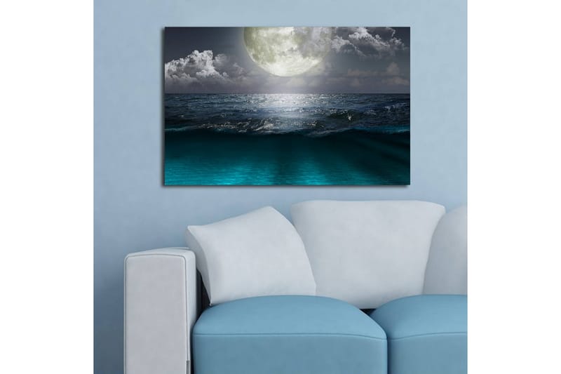 Canvastavla med LED-belysning 45x70 cm - Storslagen måne över ett stormigt hav - Mörkblå / Turkos / Grå - Inredning - Tavlor & konst - Canvastavlor