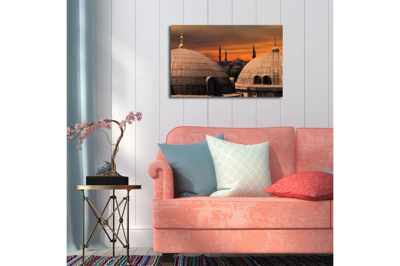 Canvastavla med LED-belysning 45x70 cm - Storslagen vy av moskéer med kupoler och minareter mot en färgsprakande solnedgång - Guld / Grå / Orange - Inredning - Tavlor & konst - Canvastavlor