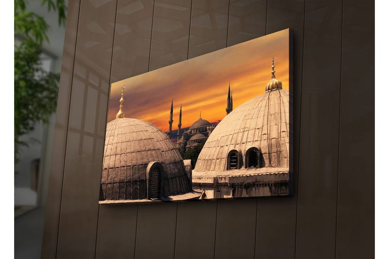 Canvastavla med LED-belysning 45x70 cm - Storslagen vy av moskéer med kupoler och minareter mot en färgsprakande solnedgång - Guld / Grå / Orange - Inredning - Tavlor & konst - Canvastavlor