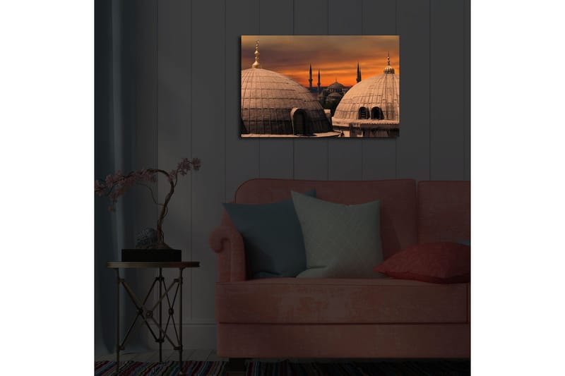 Canvastavla med LED-belysning 45x70 cm - Storslagen vy av moskéer med kupoler och minareter mot en färgsprakande solnedgång - Guld / Grå / Orange - Inredning - Tavlor & konst - Canvastavlor