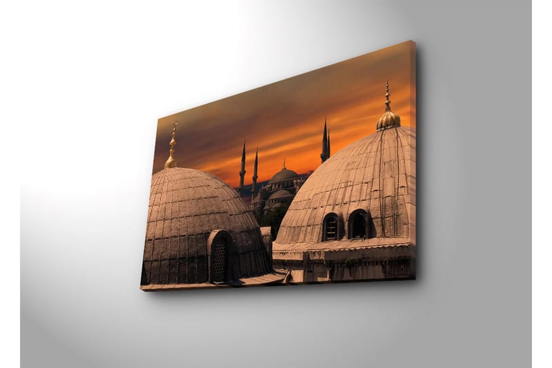 Canvastavla med LED-belysning 45x70 cm - Storslagen vy av moskéer med kupoler och minareter mot en färgsprakande solnedgång - Guld / Grå / Orange - Inredning - Tavlor & konst - Canvastavlor