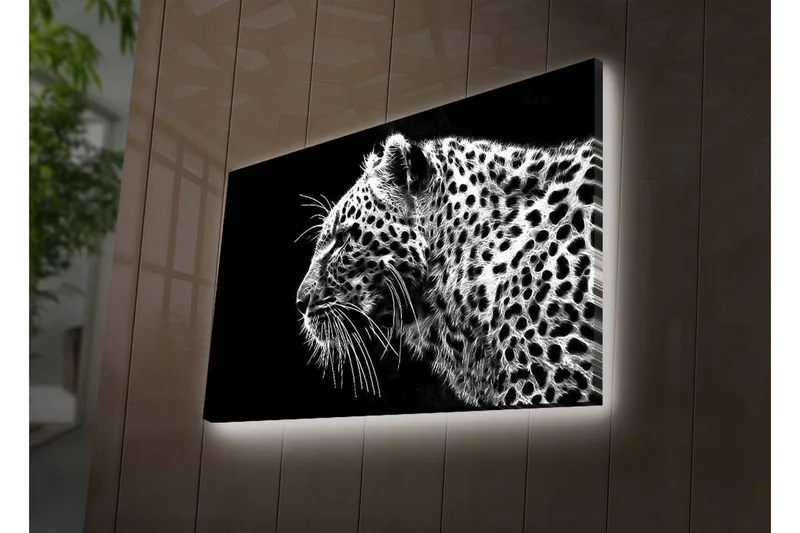 Canvastavla med LED-belysning 45x70 cm - Svartvit leopardprofil med detaljerad pälsstruktur, Svart / Vit