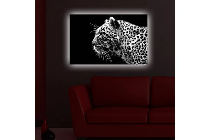 Canvastavla med LED-belysning 45x70 cm - Svartvit leopardprofil med detaljerad pälsstruktur - Svart / Vit - Inredning - Tavlor & konst - Canvastavlor