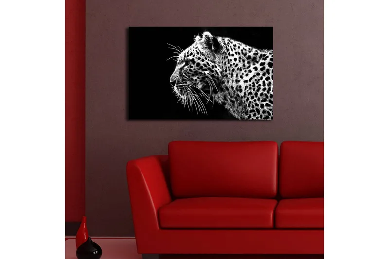 Canvastavla med LED-belysning 45x70 cm - Svartvit leopardprofil med detaljerad pälsstruktur - Svart / Vit - Inredning - Tavlor & konst - Canvastavlor