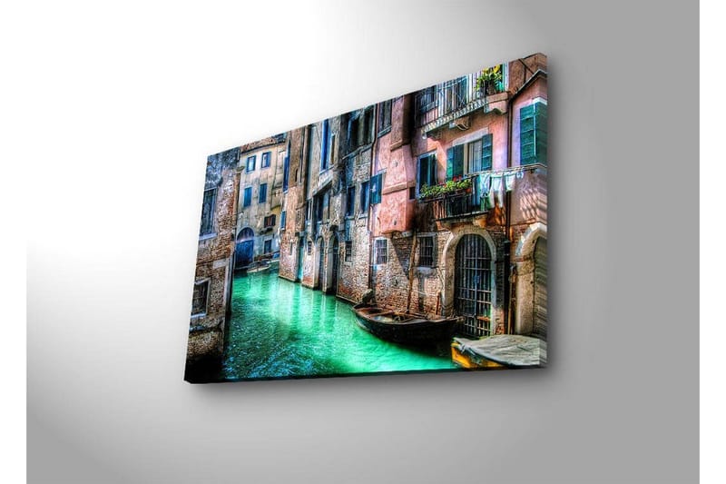 Canvastavla med LED-belysning 45x70 cm - Vacker kanal med historiska byggnader och båtar i en pittoresk miljö - Grön / Rosa / Blå - Inredning - Tavlor & konst - Canvastavlor