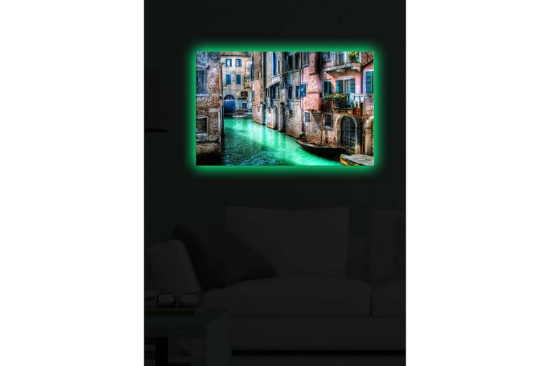 Canvastavla med LED-belysning 45x70 cm - Vacker kanal med historiska byggnader och båtar i en pittoresk miljö - Grön / Rosa / Blå - Inredning - Tavlor & konst - Canvastavlor
