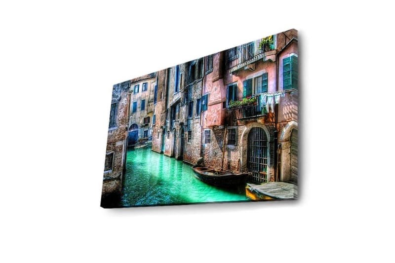 Canvastavla med LED-belysning 45x70 cm - Vacker kanal med historiska byggnader och båtar i en pittoresk miljö - Grön / Rosa / Blå - Inredning - Tavlor & konst - Canvastavlor