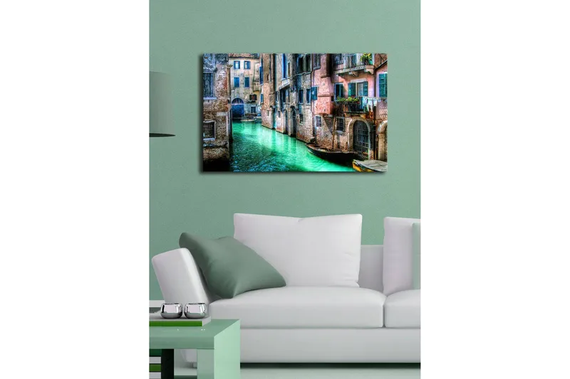 Canvastavla med LED-belysning 45x70 cm - Vacker kanal med historiska byggnader och båtar i en pittoresk miljö - Grön / Rosa / Blå - Inredning - Tavlor & konst - Canvastavlor