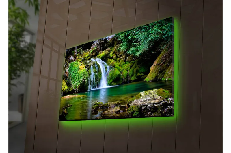 Canvastavla med LED-belysning 45x70 cm - Vacker vattenfall med frodig grönska och klippformationer - Grön / Blå / Brun - Inredning - Tavlor & konst - Canvastavlor