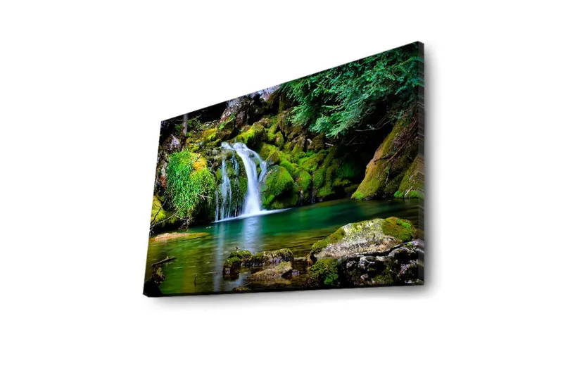 Canvastavla med LED-belysning 45x70 cm - Vacker vattenfall med frodig grönska och klippformationer - Grön / Blå / Brun - Inredning - Tavlor & konst - Canvastavlor