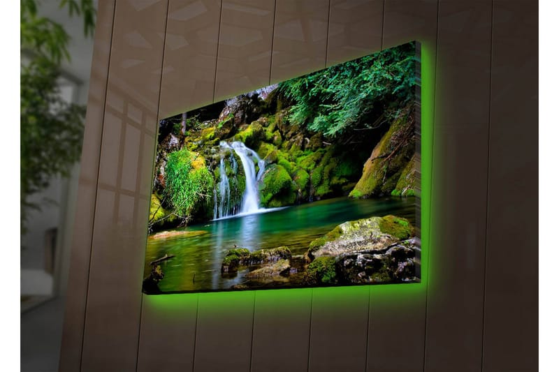 Canvastavla med LED-belysning 45x70 cm - Vacker vattenfall med frodig grönska och klippformationer, Grön / Blå / Brun