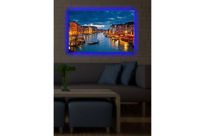 Canvastavla med LED-belysning 45x70 cm - Vacker vy över en kanal i Venedig med upplysta byggnader vid vattnet - Blå / Orange / Grön - Inredning - Tavlor & konst - Canvastavlor