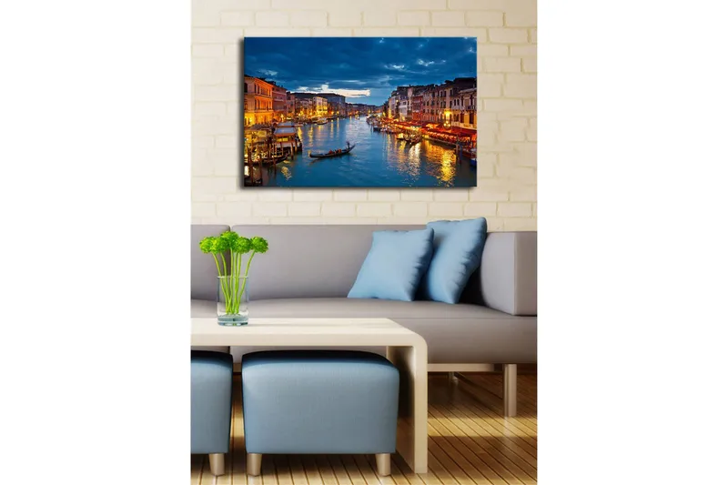 Canvastavla med LED-belysning 45x70 cm - Vacker vy över en kanal i Venedig med upplysta byggnader vid vattnet - Blå / Orange / Grön - Inredning - Tavlor & konst - Canvastavlor