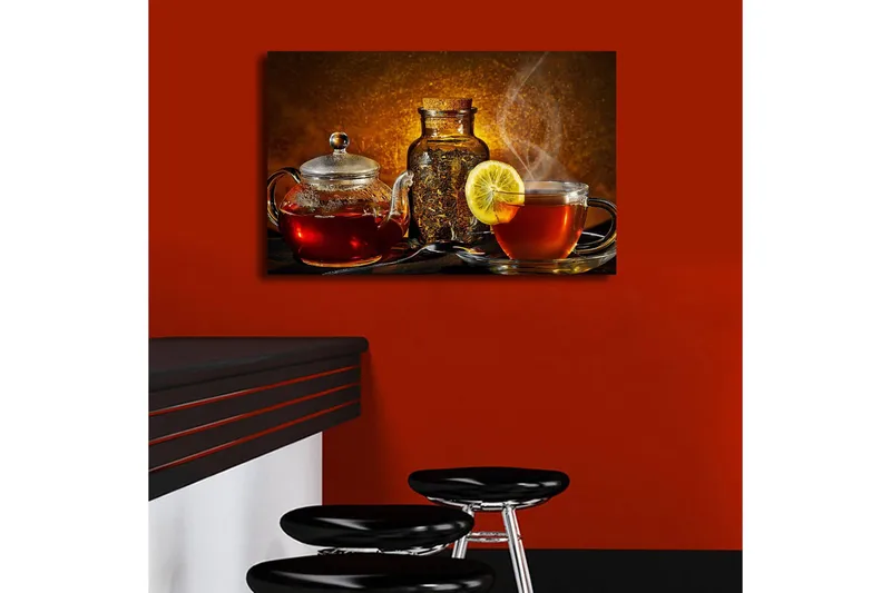 Canvastavla med LED-belysning 45x70 cm - Varm och inbjudande teuppsättning med citronskiva - Röd / Brun / Gul - Inredning - Tavlor & konst - Canvastavlor