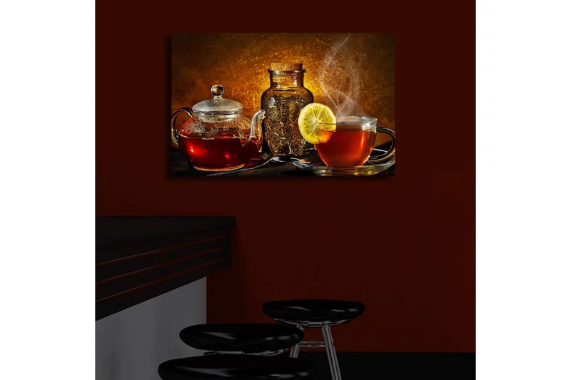 Canvastavla med LED-belysning 45x70 cm - Varm och inbjudande teuppsättning med citronskiva - Röd / Brun / Gul - Inredning - Tavlor & konst - Canvastavlor