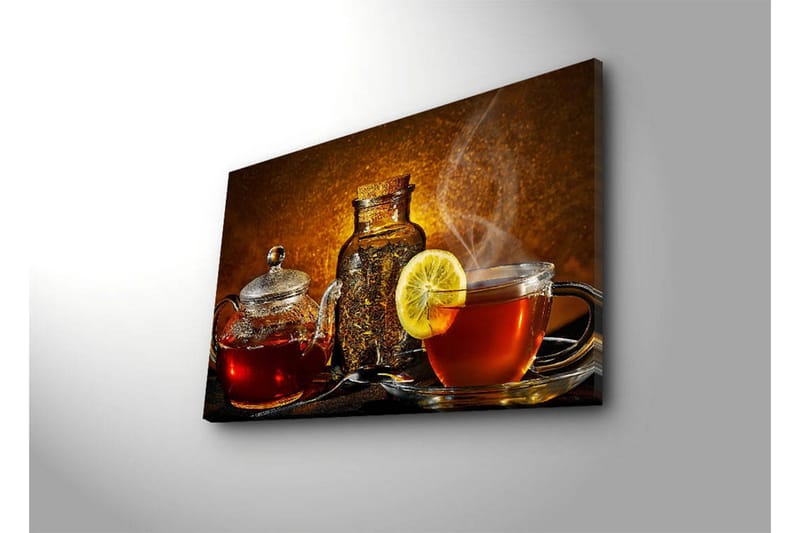Canvastavla med LED-belysning 45x70 cm - Varm och inbjudande teuppsättning med citronskiva - Röd / Brun / Gul - Inredning - Tavlor & konst - Canvastavlor