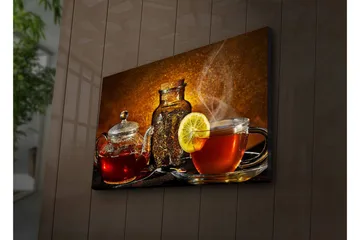 Canvastavla med LED-belysning 45x70 cm - Varm och inbjudande teuppsättning med citronskiva - Röd / Brun / Gul - Inredning - Tavlor & konst - Canvastavlor