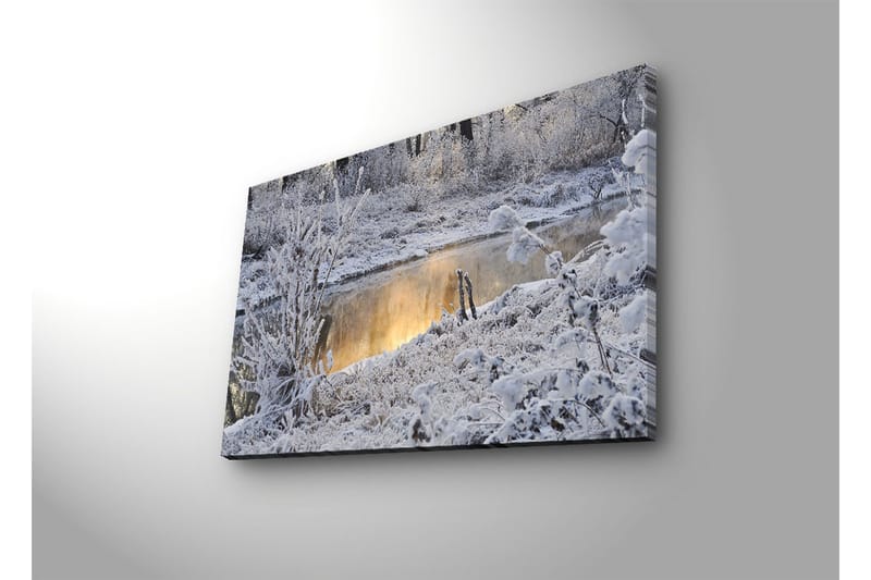 Canvastavla med LED-belysning 45x70 cm - Vinterlandskap med snöklädda träd och en spegelblanka yta av vatten - Vit / Grå / Ljusblå - Inredning - Tavlor & konst - Canvastavlor