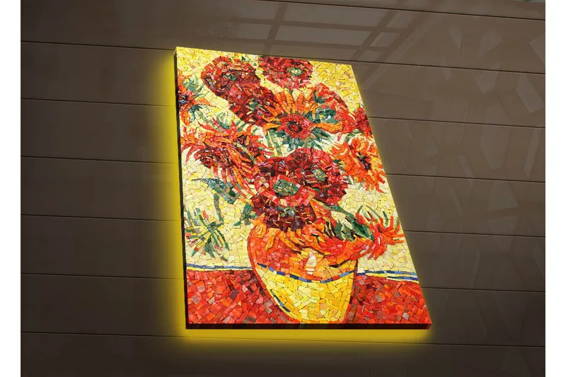Canvastavla med LED-belysning 70x45 cm - Färgrik bukett av solrosor i en vas - Röd / Gul / Grön - Inredning - Tavlor & konst - Canvastavlor
