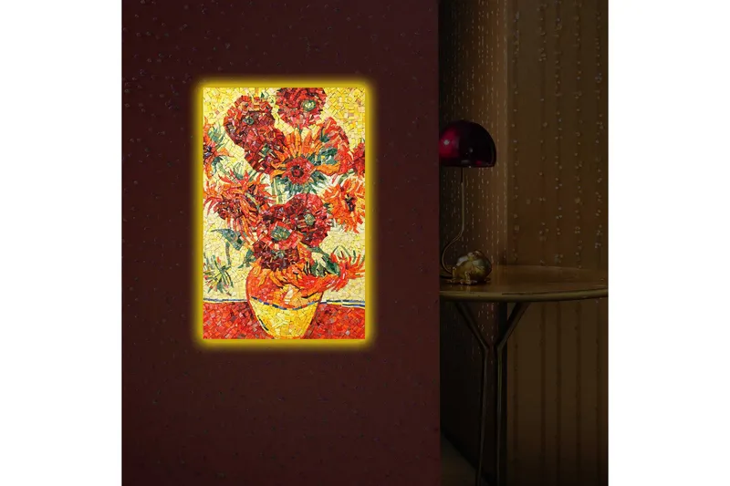 Canvastavla med LED-belysning 70x45 cm - Färgrik bukett av solrosor i en vas - Röd / Gul / Grön - Inredning - Tavlor & konst - Canvastavlor