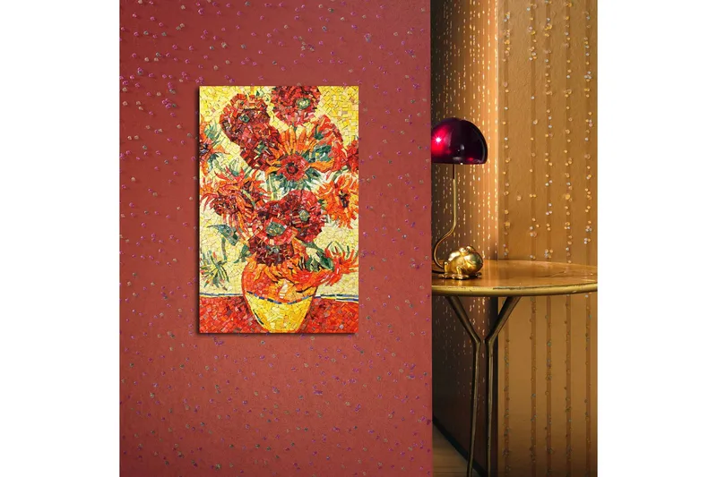 Canvastavla med LED-belysning 70x45 cm - Färgrik bukett av solrosor i en vas - Röd / Gul / Grön - Inredning - Tavlor & konst - Canvastavlor