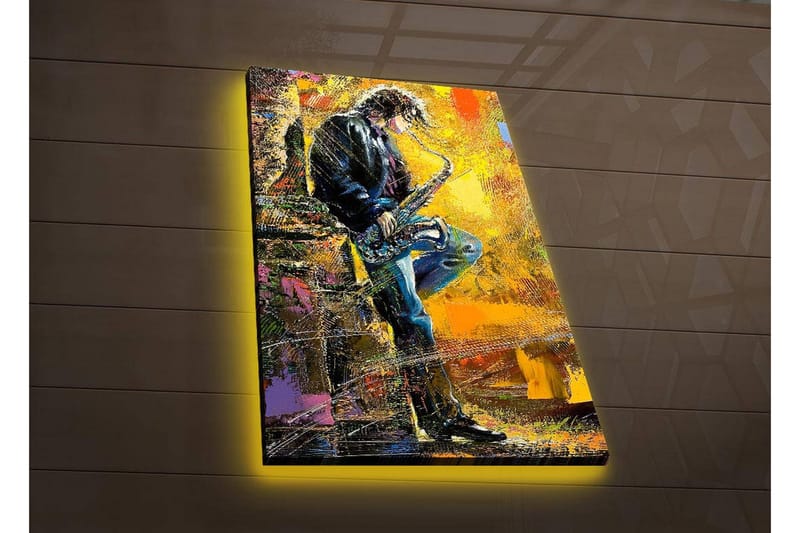 Canvastavla med LED-belysning 70x45 cm - Jazzmusiker som spelar saxofon med en livfull bakgrund, Gult / Blått / Svart