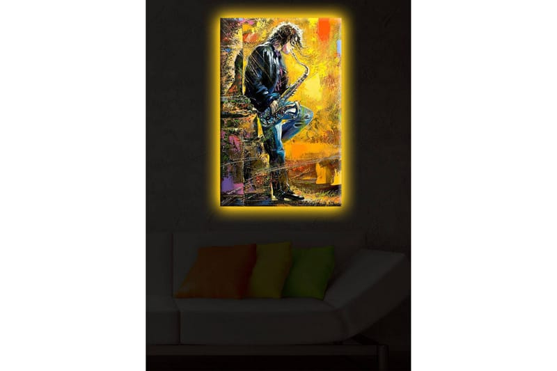 Canvastavla med LED-belysning 70x45 cm - Jazzmusiker som spelar saxofon med en livfull bakgrund - Gult / Blått / Svart - Inredning - Tavlor & konst - Canvastavlor