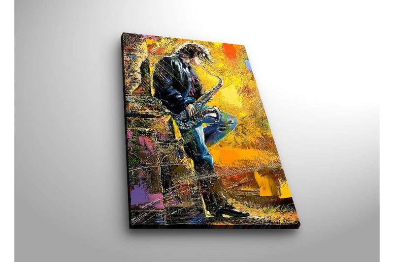 Canvastavla med LED-belysning 70x45 cm - Jazzmusiker som spelar saxofon med en livfull bakgrund - Gult / Blått / Svart - Inredning - Tavlor & konst - Canvastavlor
