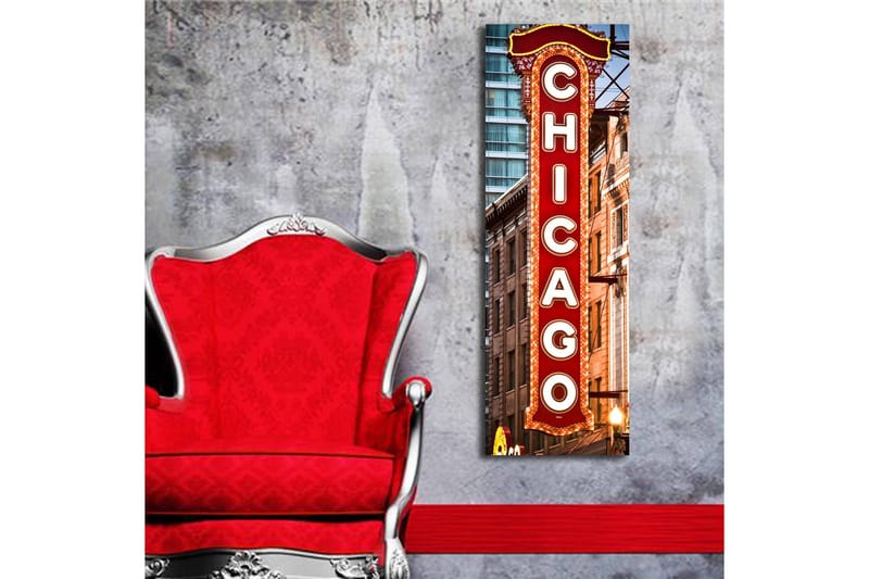 Canvastavla med LED-belysning 90x30 cm - Neonljusskylt med texten Chicago - Röd / Vit / Brun - Inredning - Tavlor & konst - Canvastavlor