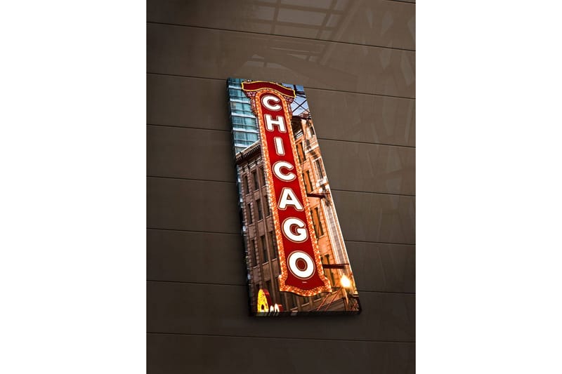 Canvastavla med LED-belysning 90x30 cm - Neonljusskylt med texten Chicago, Röd / Vit / Brun