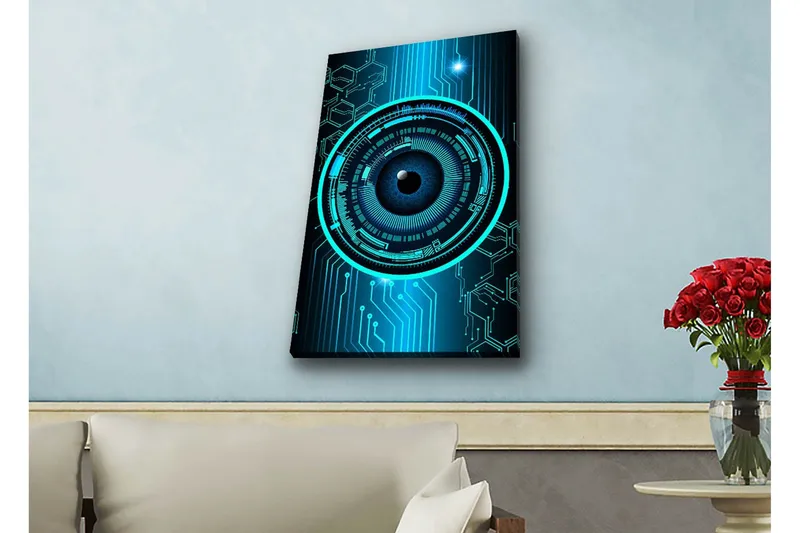 Canvastavla med LED-belysning - Abstrakt komposition med cirkulära mönster och teknologiska inslag - Mörkblå / Turkos / Svart - Inredning - Tavlor & konst - Canvastavlor