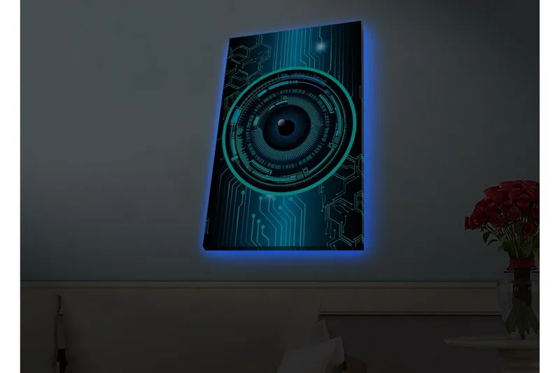 Canvastavla med LED-belysning - Abstrakt komposition med cirkulära mönster och teknologiska inslag - Mörkblå / Turkos / Svart - Inredning - Tavlor & konst - Canvastavlor