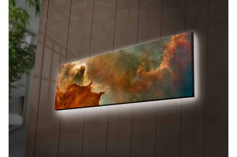 Canvastavla med LED-belysning - Abstrakt rymdlandskap med svävande moln och stjärnor - Kopparbrun / Grön / Blå - Inredning - Tavlor & konst - Canvastavlor